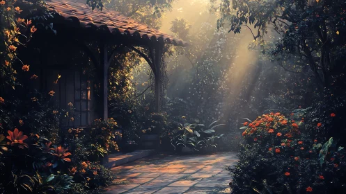 Garden terrace with tiled path and dense flowering foliage.