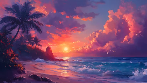 Sunset surf hums beneath cotton-candy storm clouds