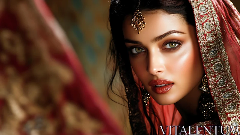 Golden gaze beneath a crimson jeweled bridal veil.