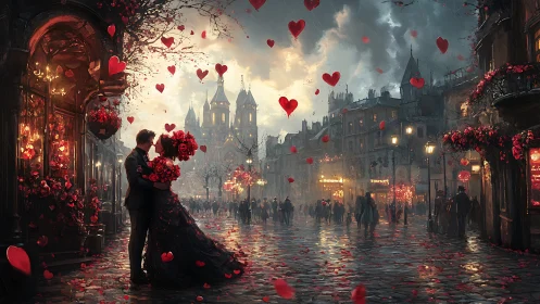 A Romantic Castle Romance Beneath Floating Hearts.