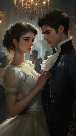 Formal couple in period attire at an ornate ballroom.