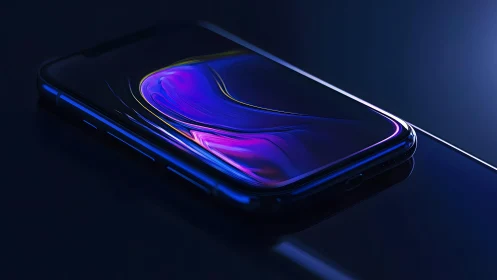 Sleek modern smartphone with glowing neon screen, digital art style.