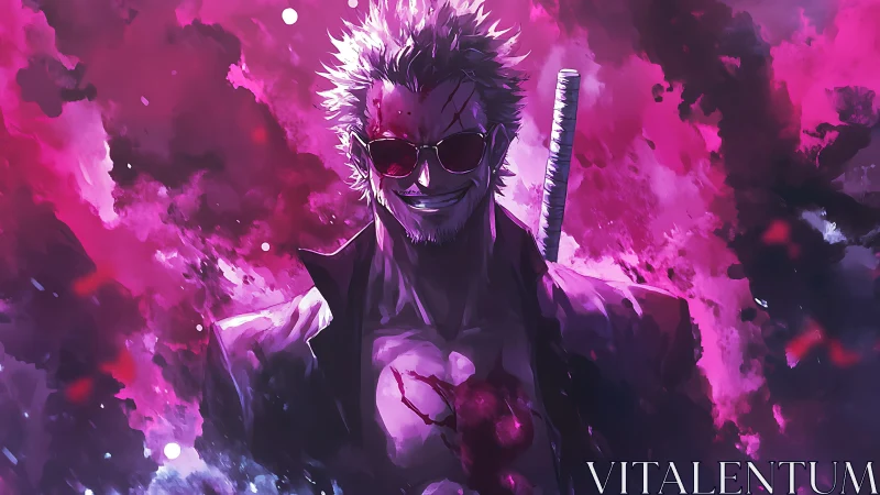 Stylized swordsman stands amid diffuse magenta vapor field