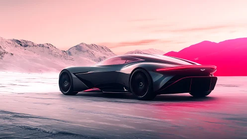 Futuristic electric supercar cuts across neon arctic landscape