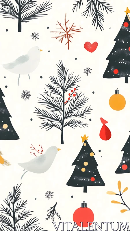 Nordic winter birds and Christmas trees seamless pattern.