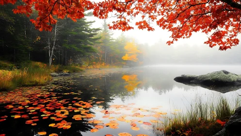 Foggy forest lake with autumn foliage and floating leaves.