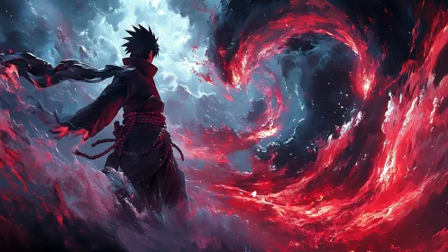 Brooding anime hero facing a swirling red storm of power.