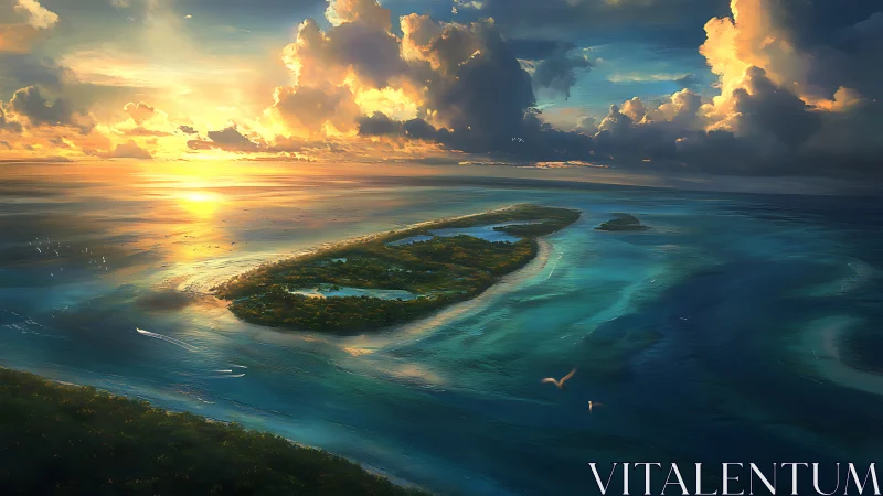 Tropical Atoll Sunrise Over Turquoise Waters and Palm-Fringed Landmass.