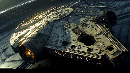 Weathered starship gliding into a golden galactic horizon.