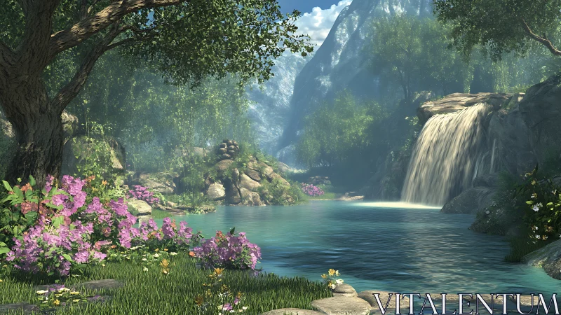 Digital rendering of forest waterfall with mountain backdrop.