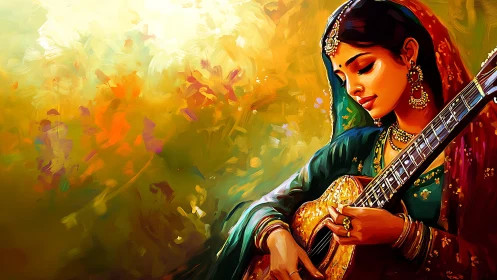 Gentle strings and golden light around a serene musician.