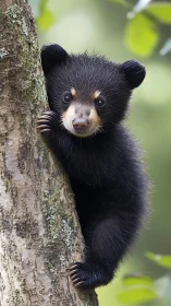 Curious bear cub clings to mossy tree trunk in forest light.