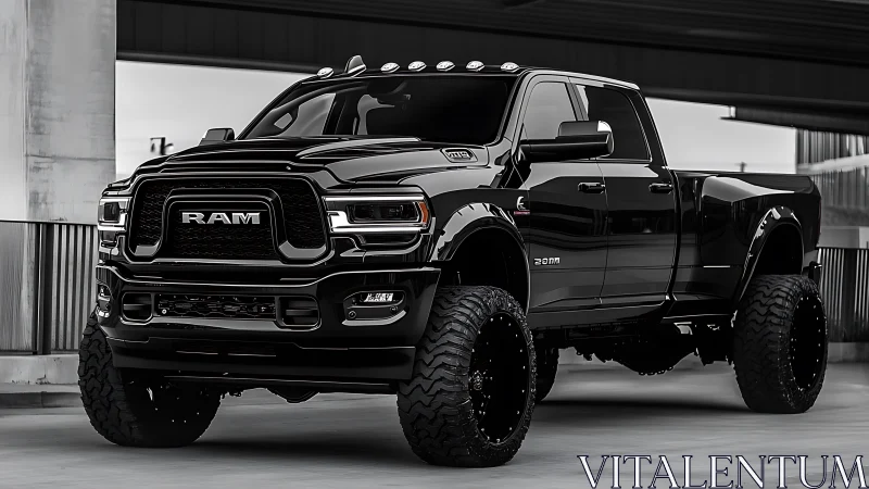 Lifted black RAM pickup truck in covered parking structure.