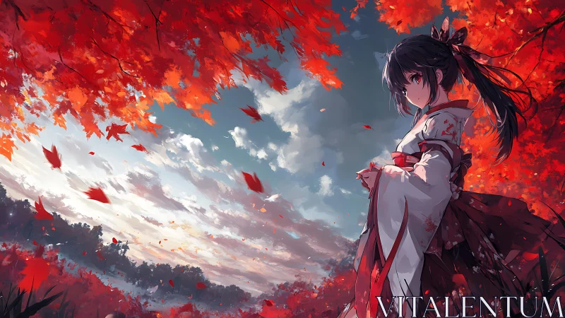 Autumn kimono girl under blazing red maple canopy.