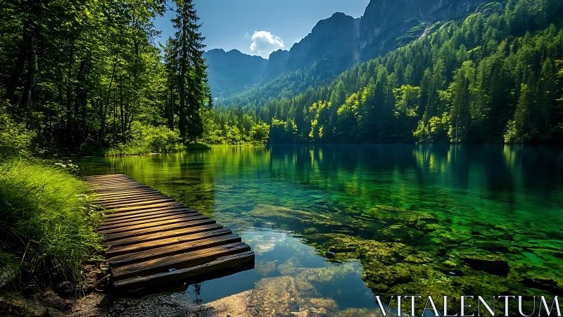 Peaceful forest lake with sunlit dock and clear green water.
