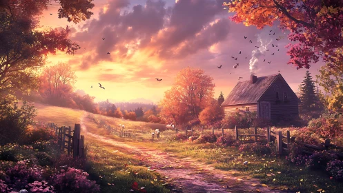 Autumn farmhouse at golden hour rendered in vivid digital painting