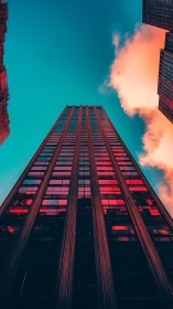 Vertiginous glass facade under teal sky and warm clouds