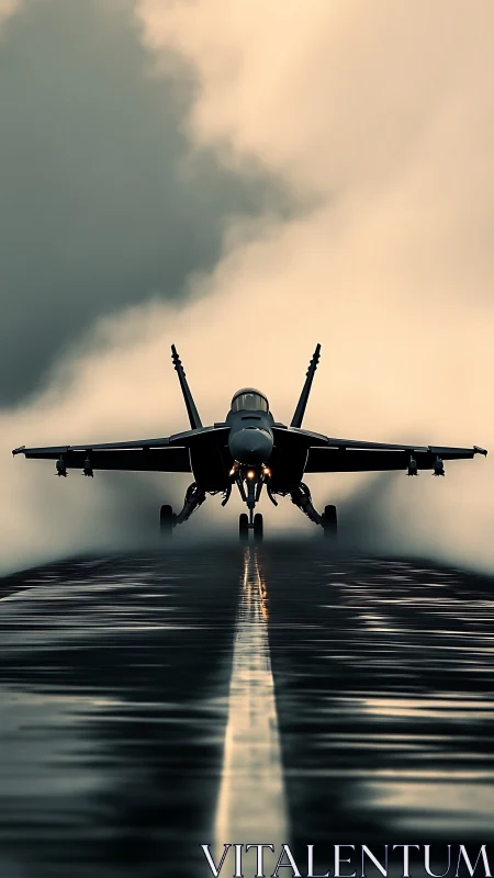 Stormlit fighter jet claims the runway like a steel predator