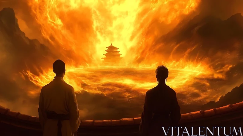 Two Figures Before Celestial Temple in Blazing Gold.