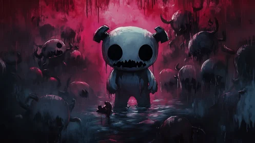 Digital painting of macabre toy figure amid haunted horde.