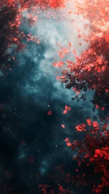 Red foliage framing dark atmospheric sky background.