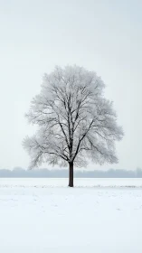 Solitary frost-laden tree dominates silent winter field.