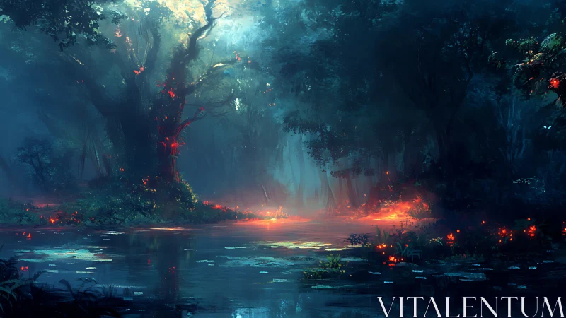 Glimmering forest pool glows softly with quiet enchanted light