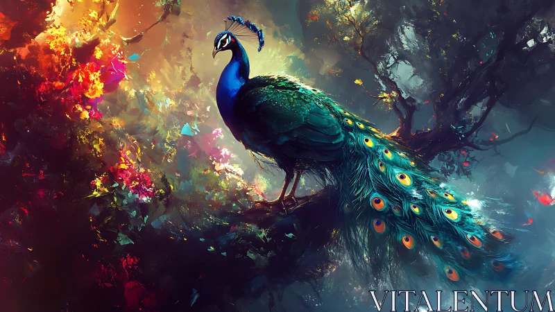 Spectral forest peacock rendered in luminous digital chromatics.