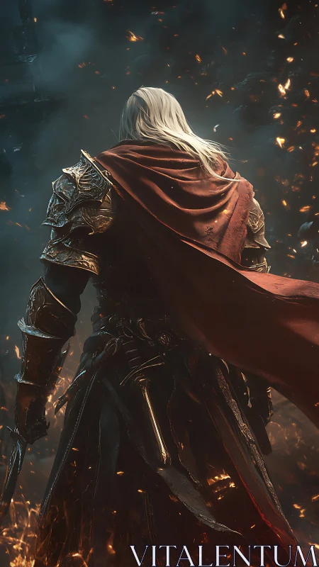 Armored warlord in ember storm with cinematic backlighting.