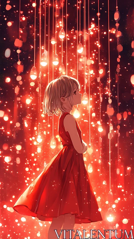 Girl in red dress under cascading glowing lights at night.