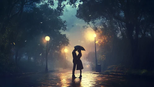 Couple with umbrella in rainy street at dusk.