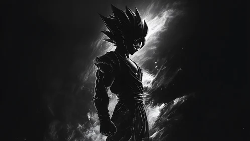 Silhouetted anime fighter stands before abstract light field