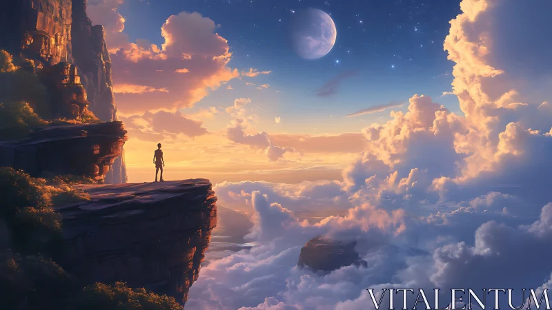 Lone traveler gazes over dreamlike cloud kingdom at dusk.