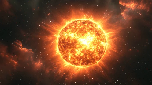 Stellar plasma sphere with eruptive coronal flux detail.