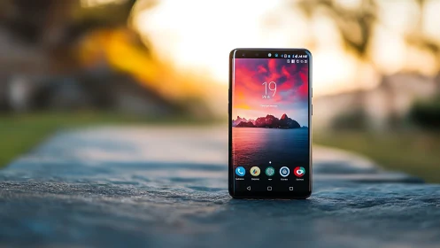 Mobile device displaying sunset landscape wallpaper on outdoor surface.