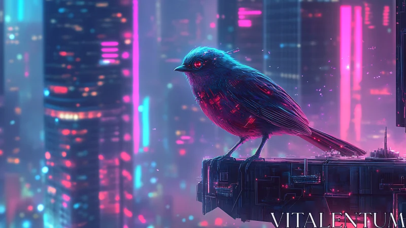 Neon raven sentry perched above humming cyberpunk skyline.