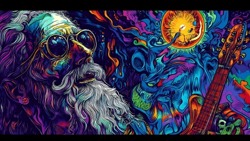 Psychedelic elder musician amid swirling neon visions.