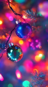 Vibrant glass ornaments on colorful Christmas lights bokeh.