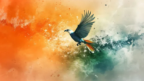 Vibrant digital painting of a flying bird in abstract tricolor scene.