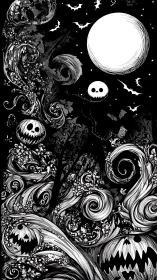 High-contrast monochrome Halloween scene with swirling carved pumpkins