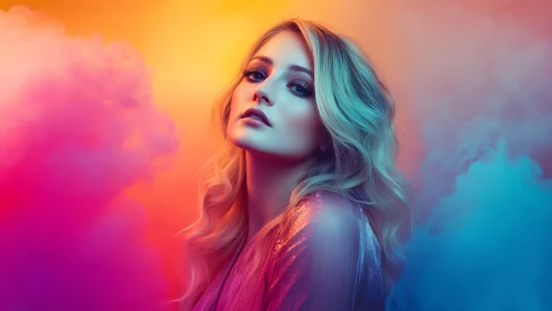 Chromatic portrait of blonde model in neon gradient haze.