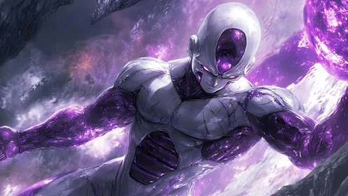 Cosmic armored warrior channels radiant violet energy storm