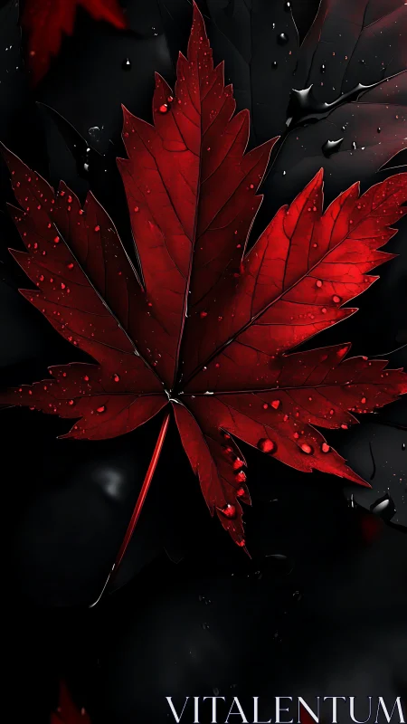 Red maple leaf with surface water droplets on dark ground