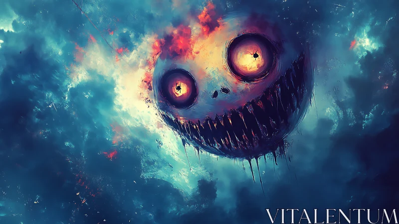 Sky-born nightmare grins through burning storm clouds.