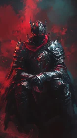 Armored dark knight seated in glowing red misted void.
