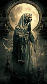 Moonlit praying figure stands serene amid rising doves