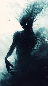 Gentle shadow spirit swirling through soft teal mist.