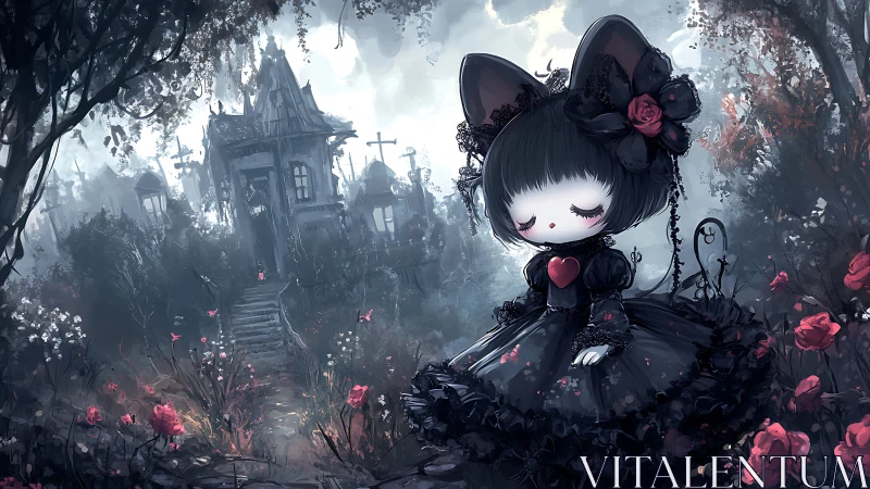Gothic catgirl doll stands among roses before haunted manor