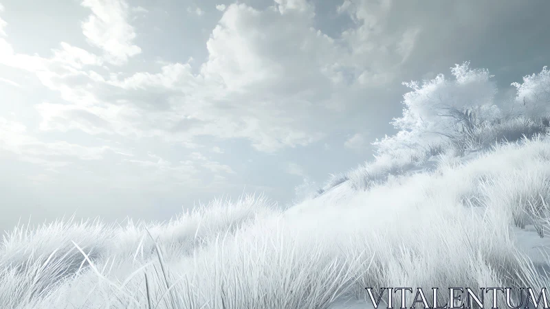 High-key winter grassland ascends toward frosted treeline