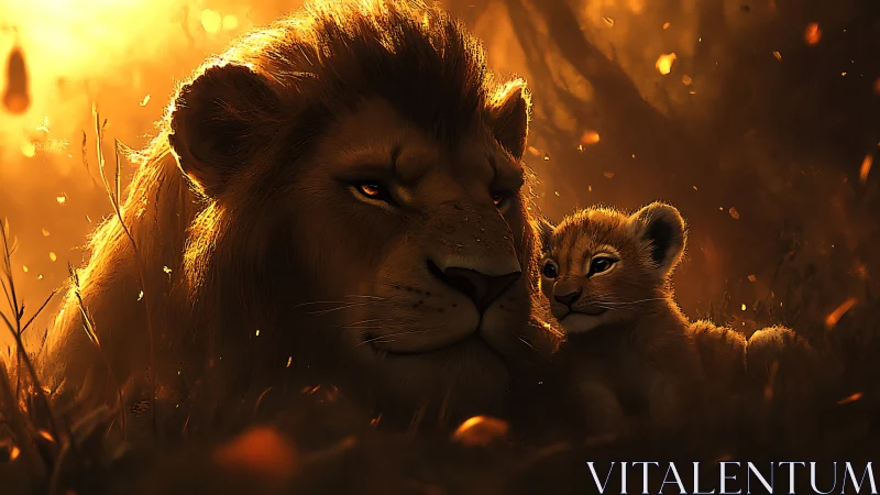 Lion and cub rest in warm backlit forest clearing